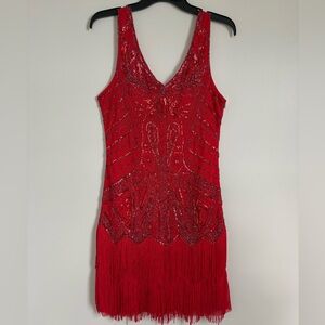 strapless open back dress 1920s Beaded Flapper Dress Red Glass Beads Black Silk